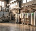 Sala de calderas industrial con sistema de aerotermia instalado junto a caldera de gas existente