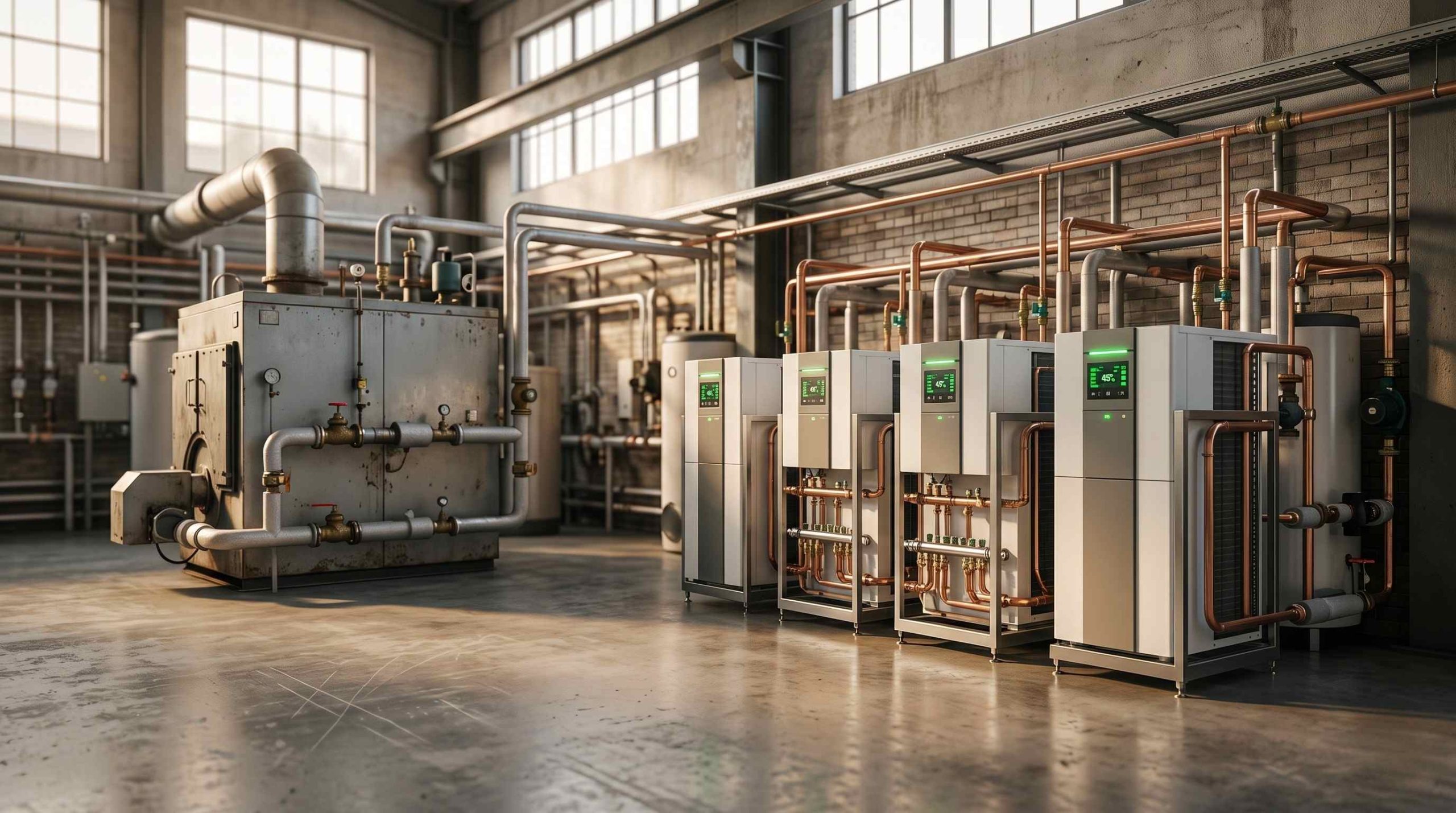 Sala de calderas industrial con sistema de aerotermia instalado junto a caldera de gas existente